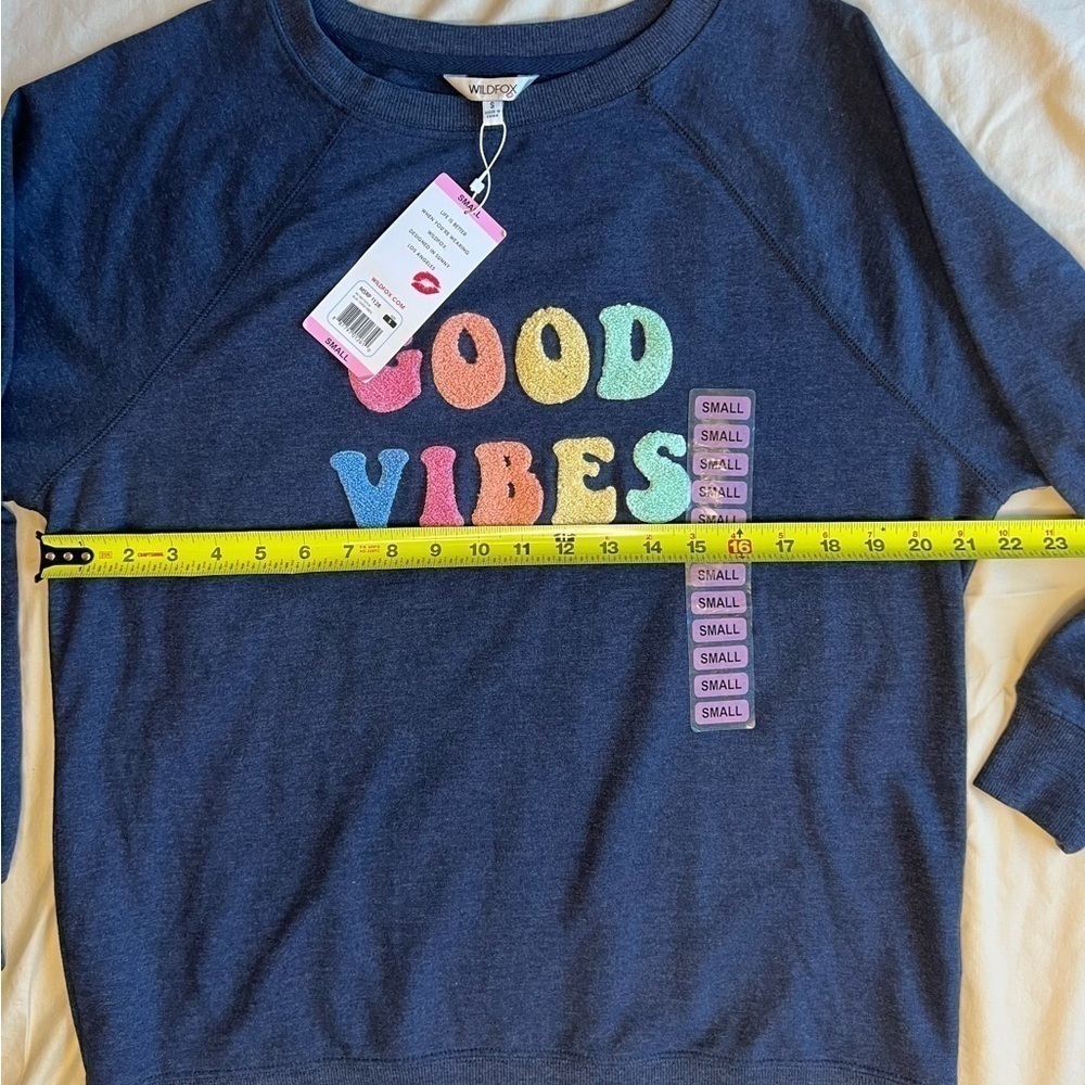 NWT Wildfox size small blue good vibes sweat shirt. - Picture 2 of 5